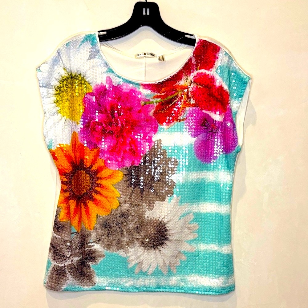 PUNT ROMA NWOT from Mallorca Spain Sequin Floral Tee Multi Color Stripe Size M